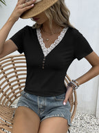 Lace Trim V-neck Short Sleeve Blouse