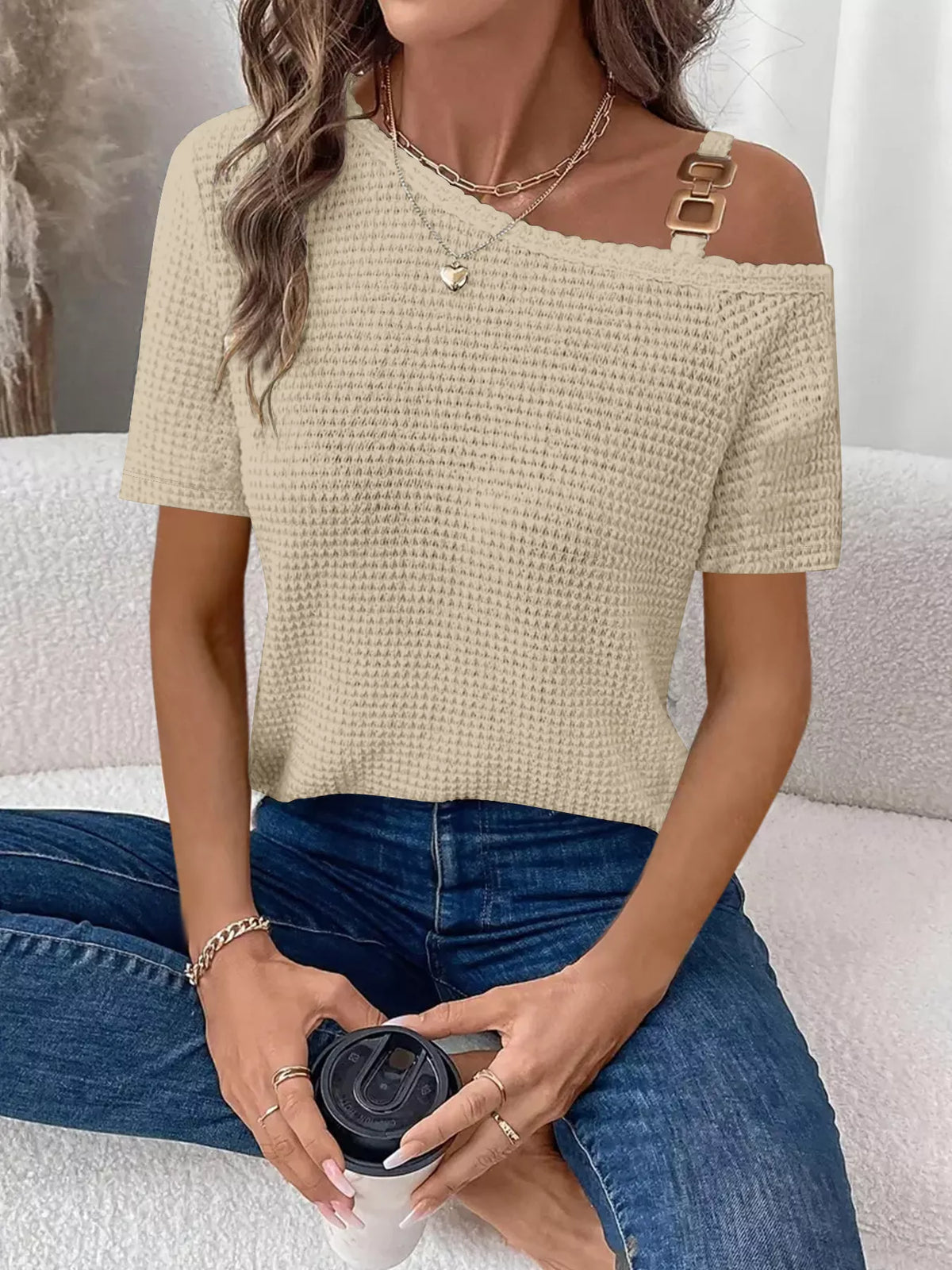 One-shoulder Chain Detail Waffle Knit T-shirt (2)