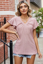 Eyelet V-neck Flutter Sleeve T-shirt (10)