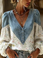 Full Size Denim Patchwork Floral Top Plus