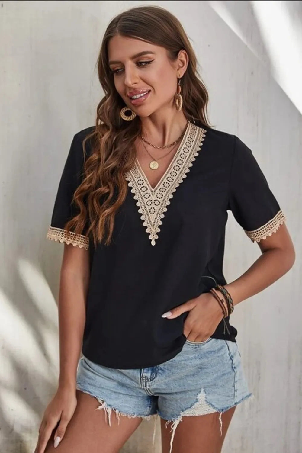 Full Size Lace Detail V-neck Short Sleeve Blouse Plus (17)