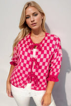 Tied Checkered Dropped Shoulder Flounce Sleeve Cardigan (2)
