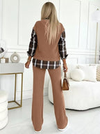 Ribbed Knit Plaid Sleeve Top Pants Set (10)