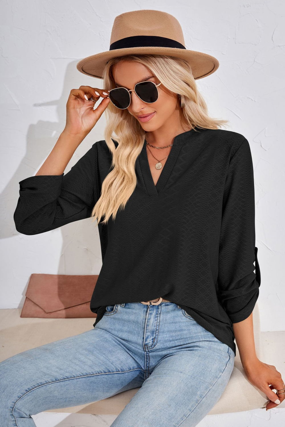 V-neck Roll-tap Sleeve Blouse (6)