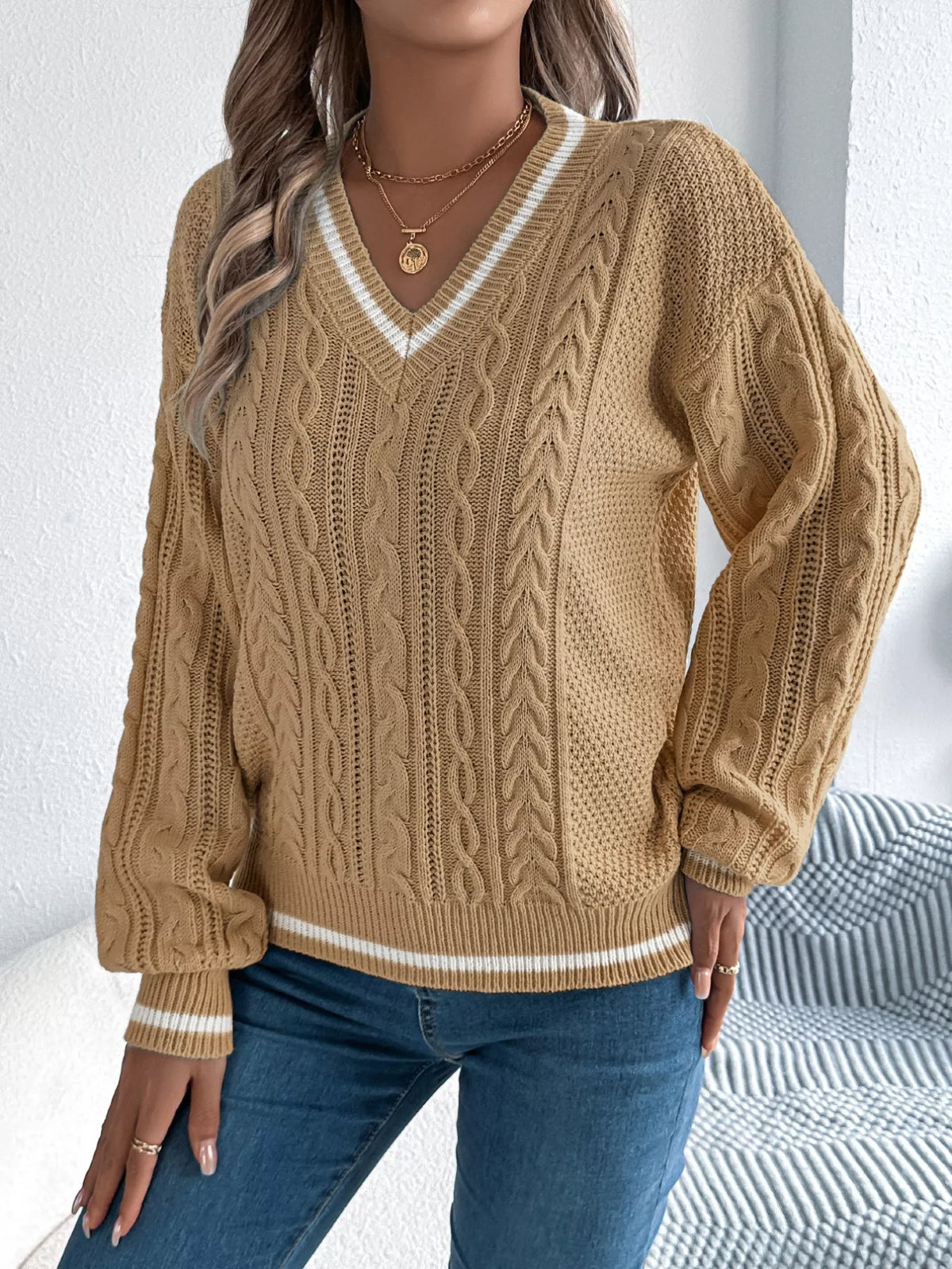 Cable Knit V-neck Long Sleeve Sweater (9)
