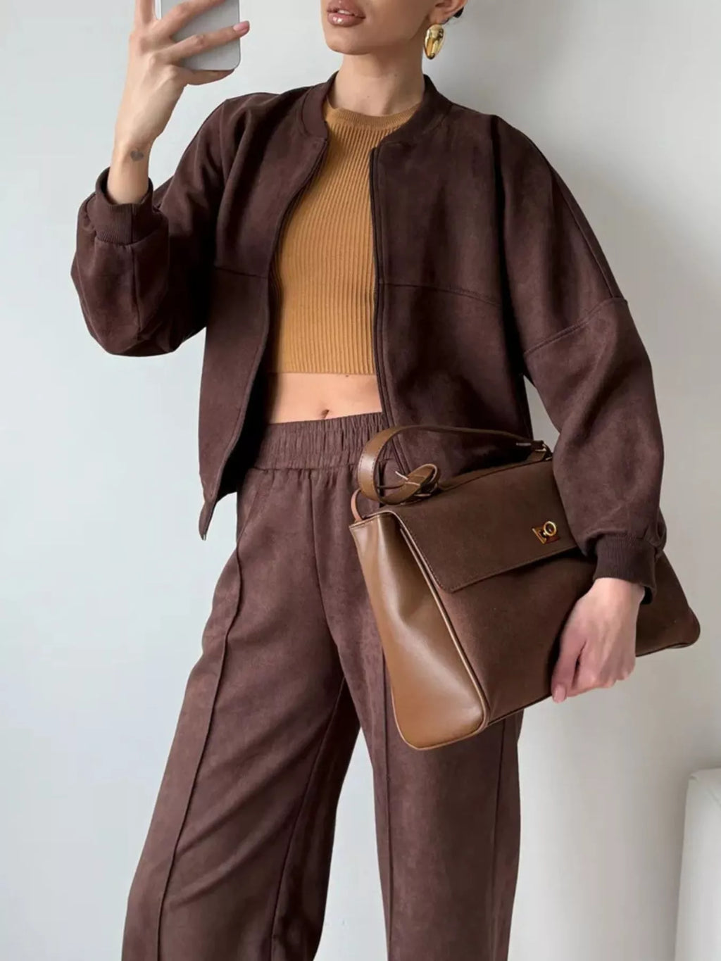 Zip Up Sweatshirt Wide-leg Pants Set (13)