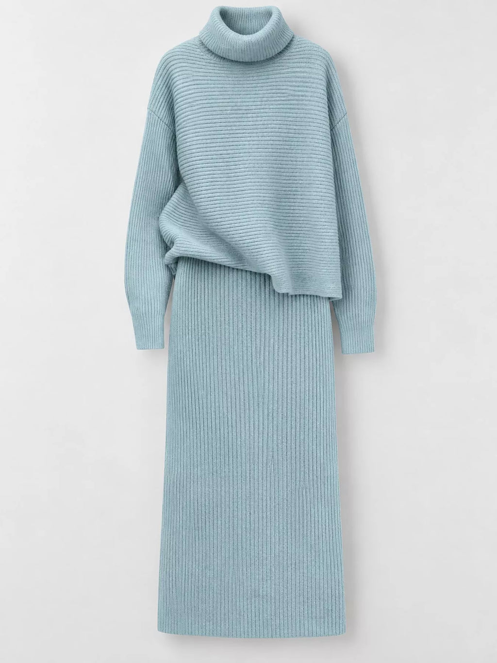 Ribbed Turtleneck Sweater Set Matching Midi Skirt (19)