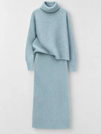 Ribbed Turtleneck Sweater Set Matching Midi Skirt (19)