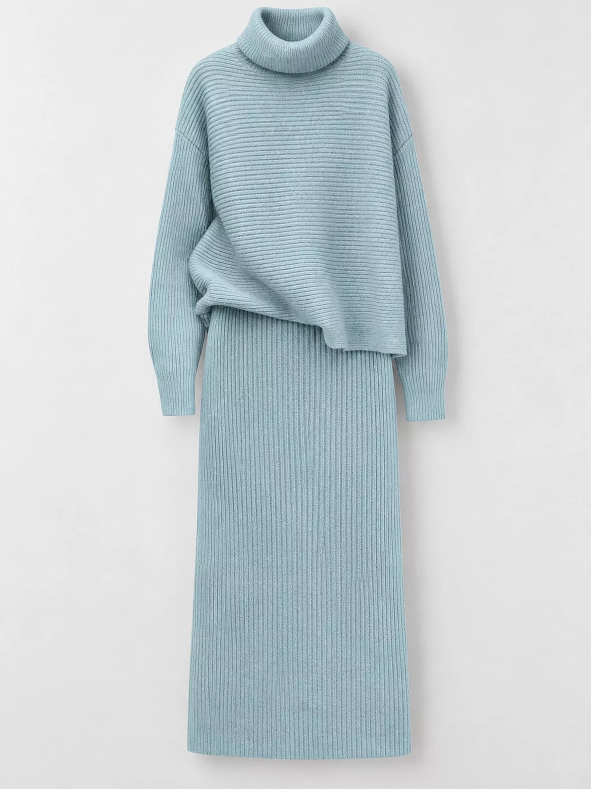 Ribbed Turtleneck Sweater Set Matching Midi Skirt (19)
