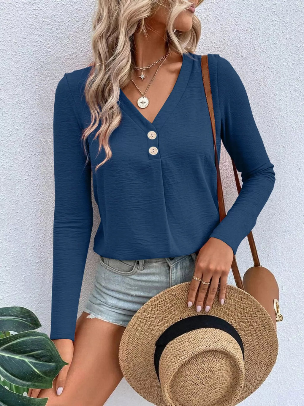 Full Size V-neck Decor Button Long Sleeve T-shirt Plus (11)