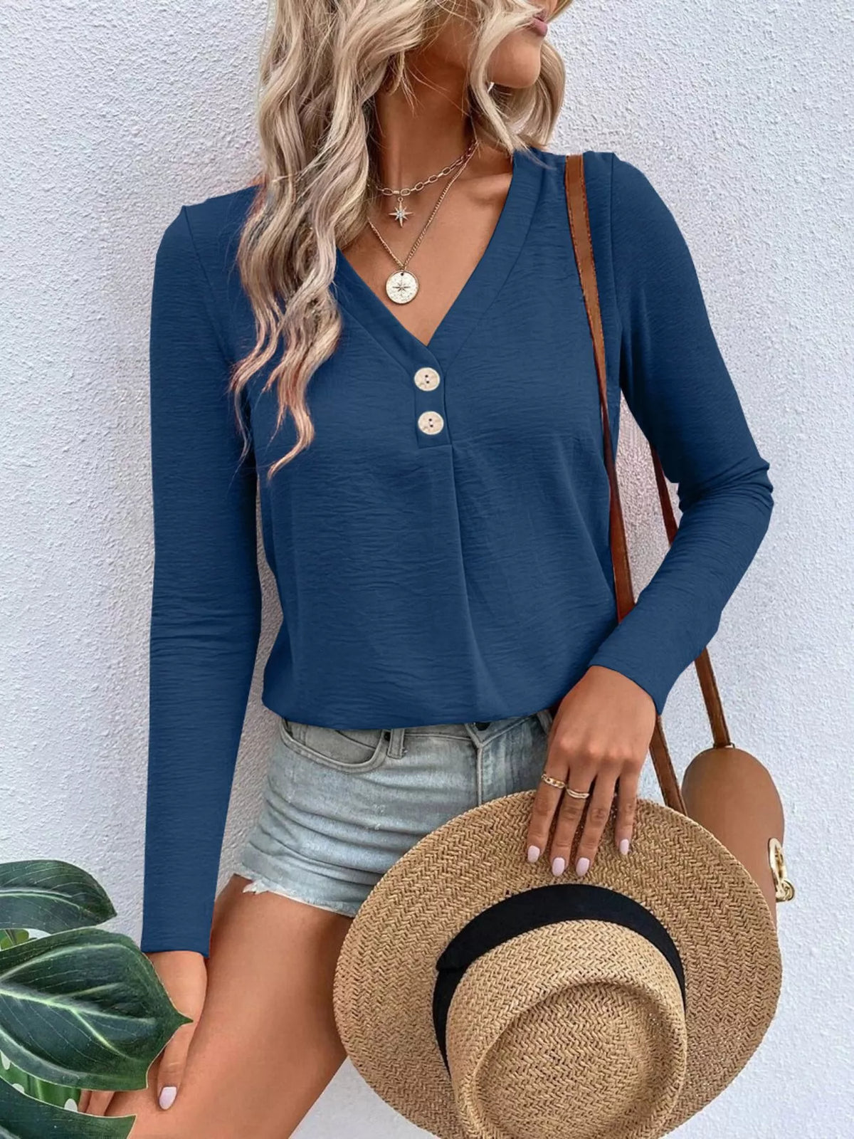 Full Size V-neck Decor Button Long Sleeve T-shirt Plus (11)