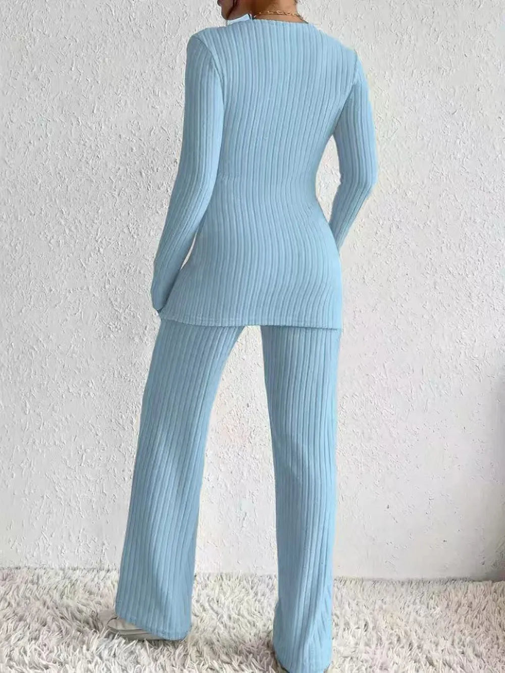 Surplice Long Sleeve Top Pants Set (14)