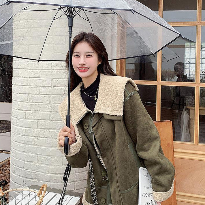 Korean-style Retro Green Suede Lambswool Coat photo 4