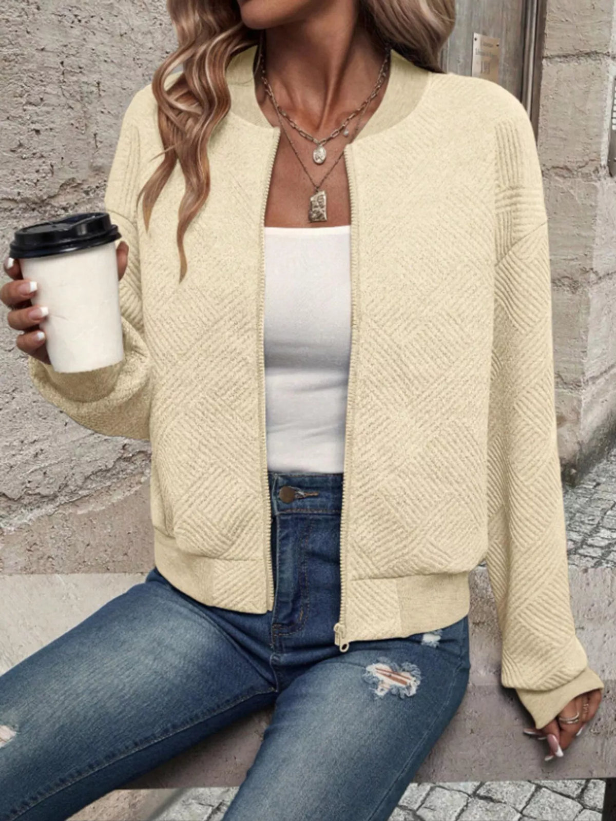 Textured Knit Zip-up Bomber Jacket (6)