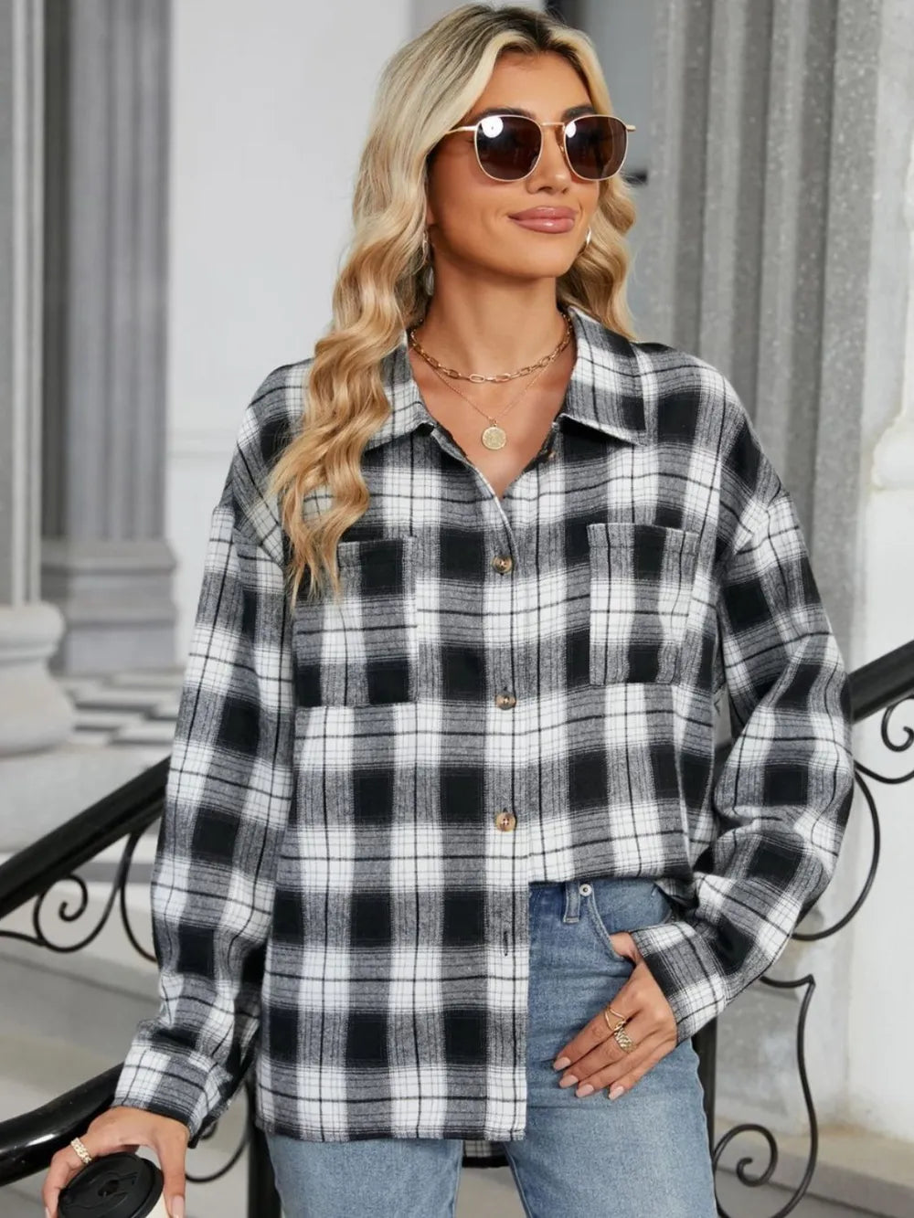 Plaid Collared Neck Long Sleeve Shirt (17)