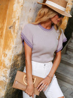 Contrast Round Neck Short Sleeve Knit Top (15)