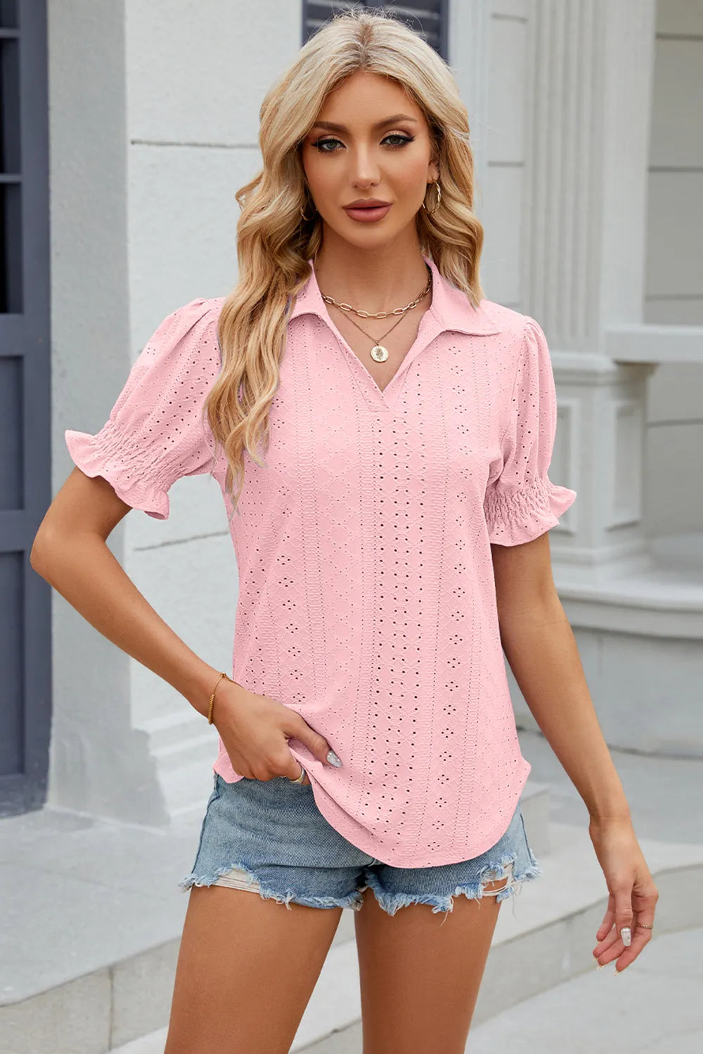 Eyelet Johnny Collar Short Sleeve Blouse (6)