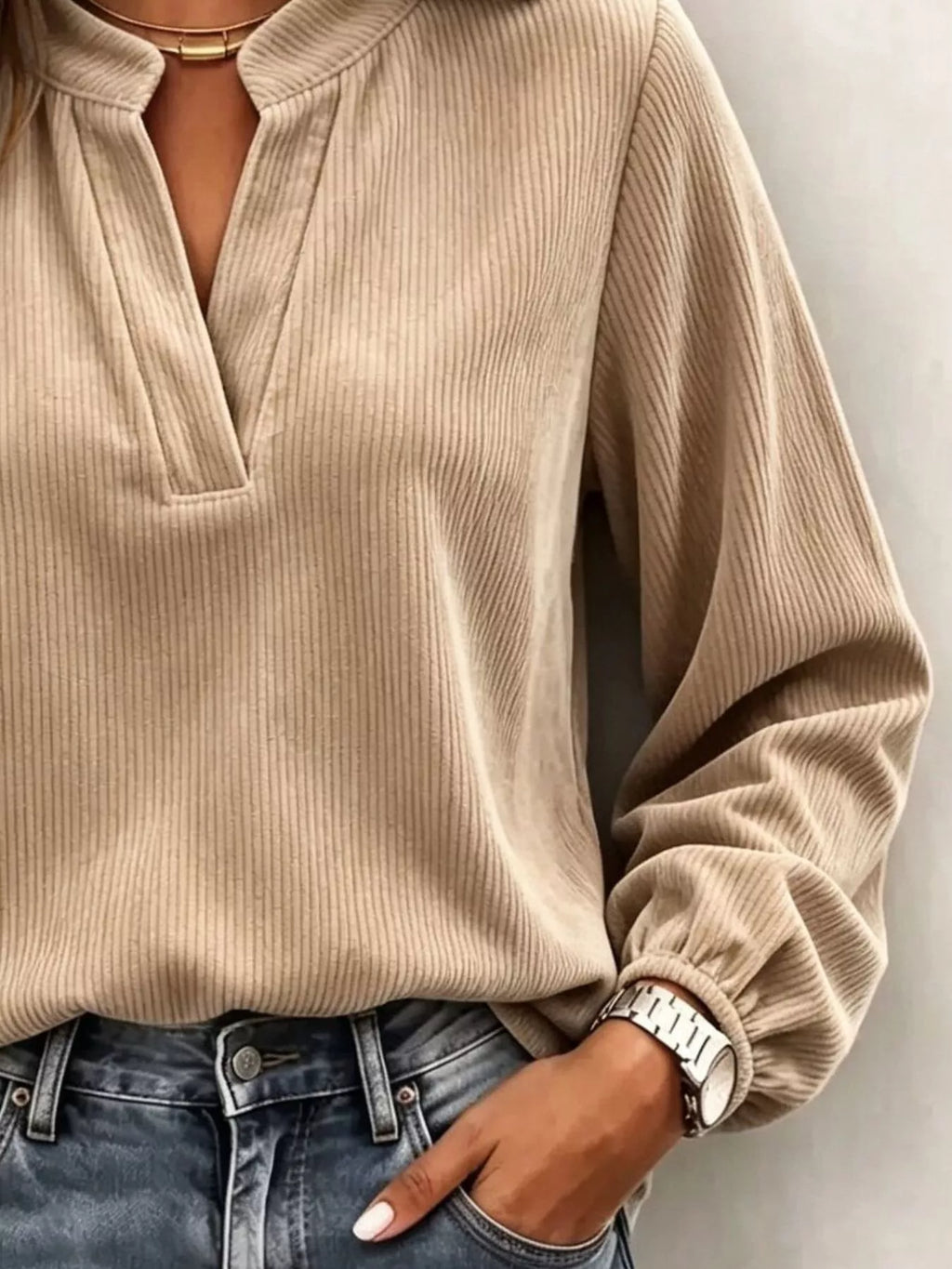 Full Size Corduroy Notched Long Sleeve Top Plus (3)