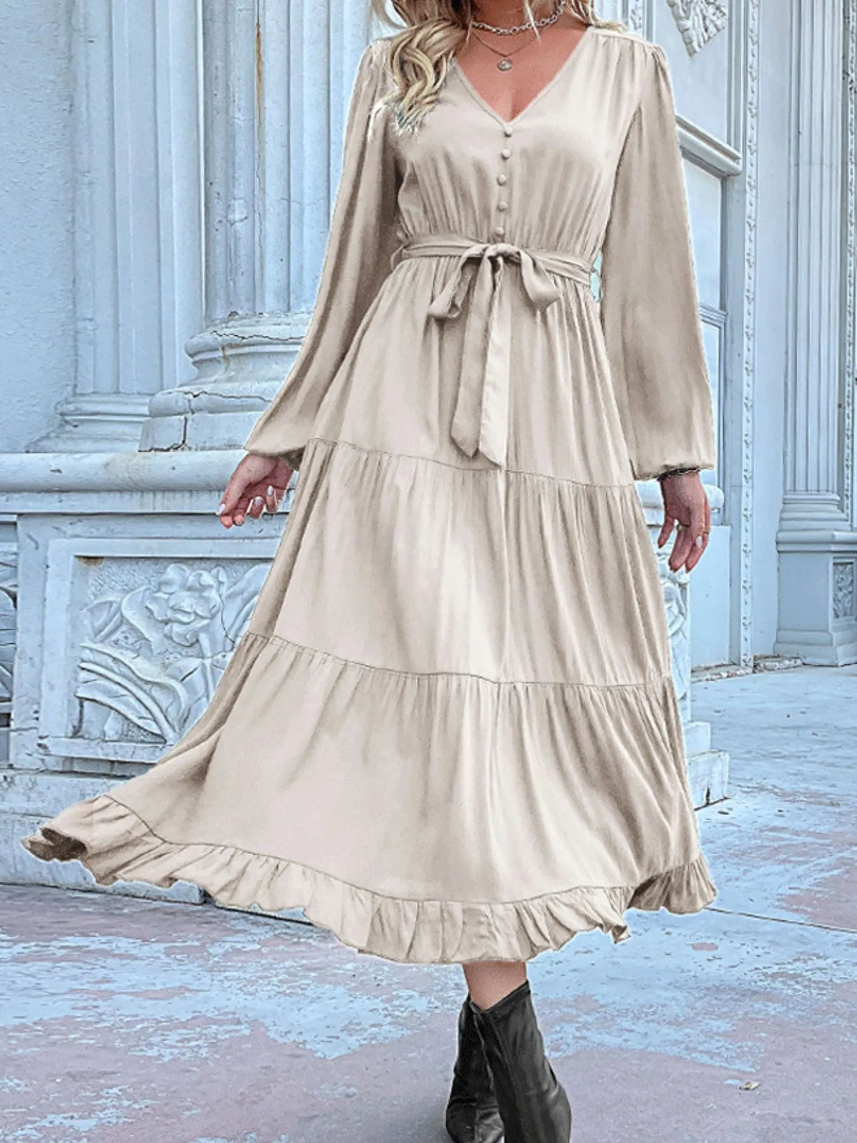 Ruffled Hem V-neck Balloon Sleeve Dress (26)