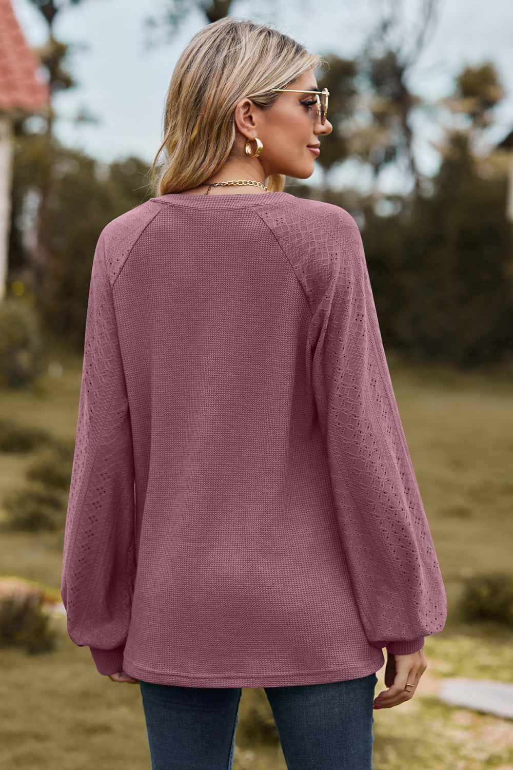 Notched Neck Raglan Sleeve Blouse (2)