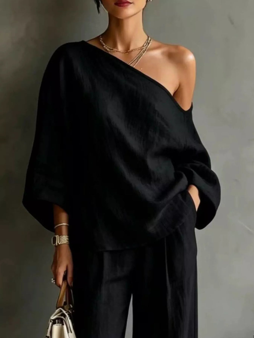 One Shoulder Top Wide Leg Pants Set (4)