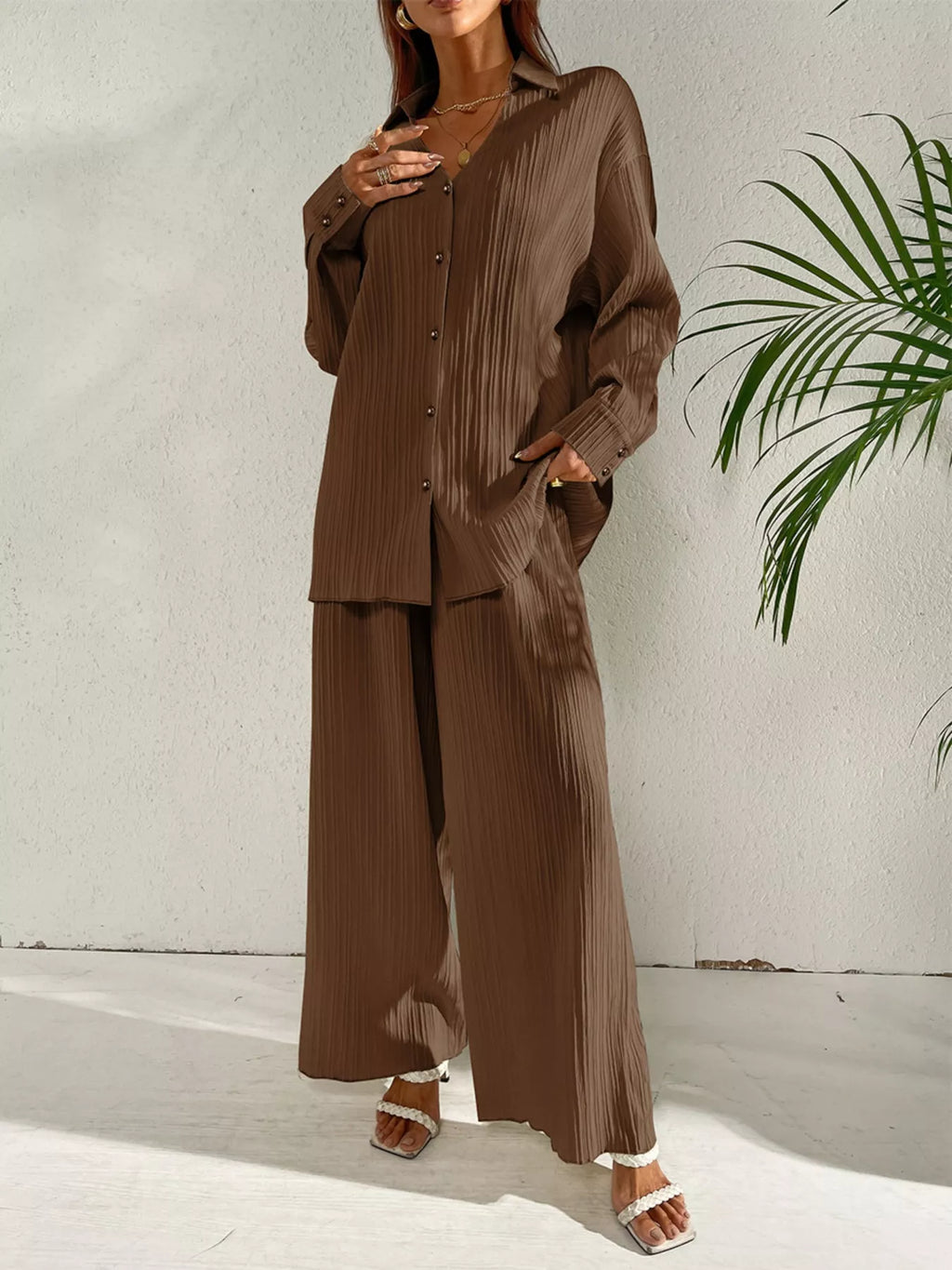 Long Sleeve Shirt Wide Leg Pants Set (5)