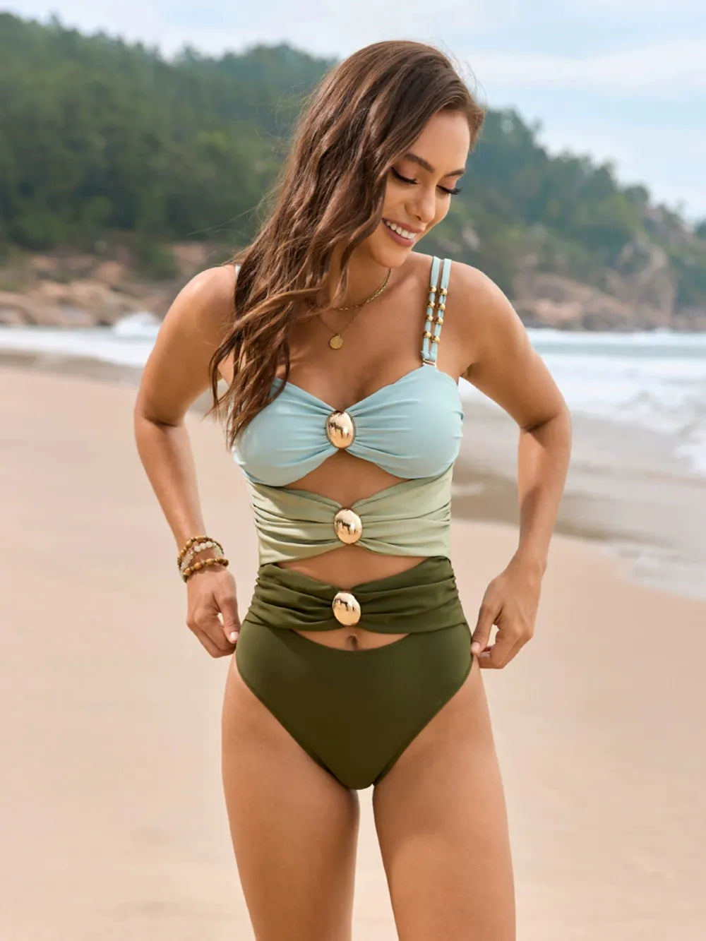Block Sweetheart Neck One-piece Swimwear (2)