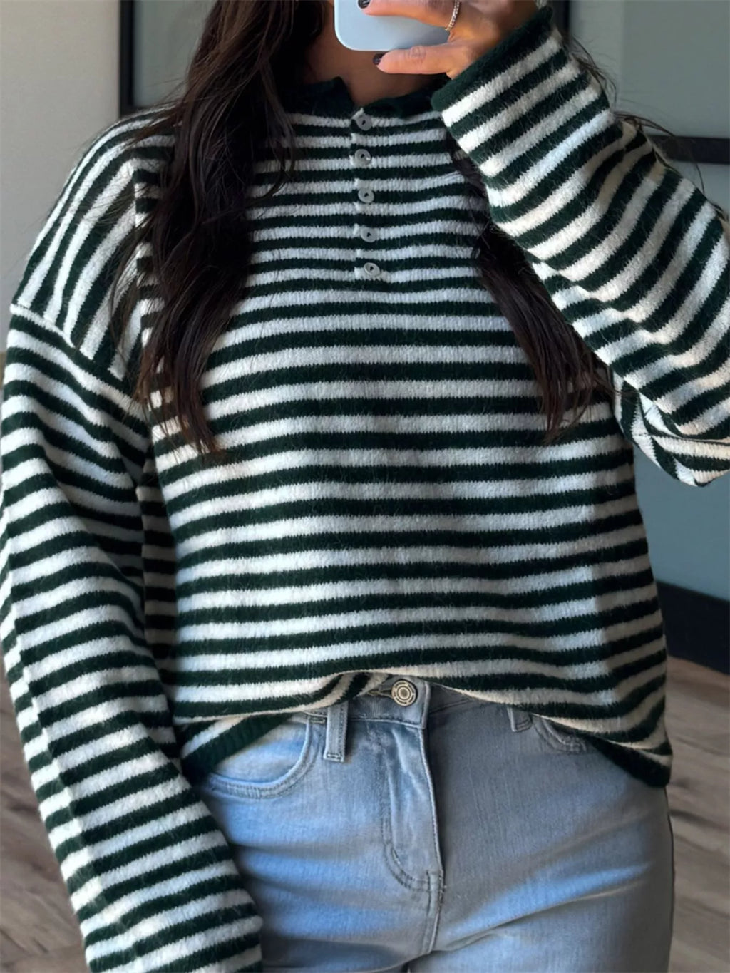 Button Detail Dropped Shoulder Striped Sweater (12)