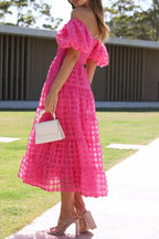 Off Shoulder Short Puff Sleeve Midi Dress (29)