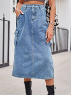 Slit Buttoned Denim Skirt Pockets (3)
