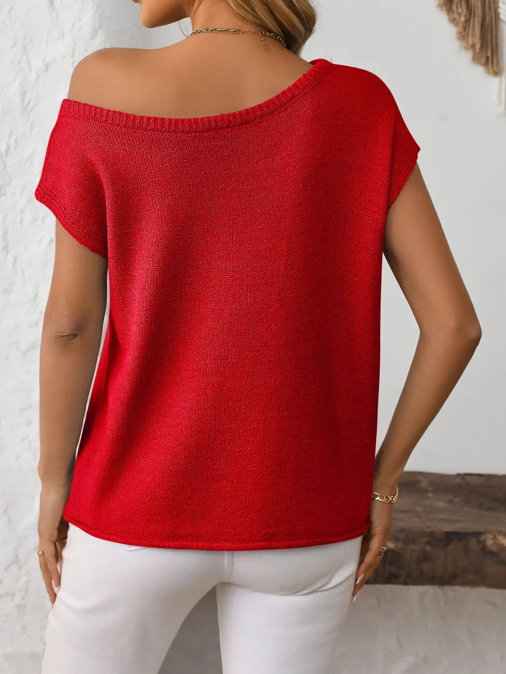 Boat Neck Short Sleeve Knit Top (5)