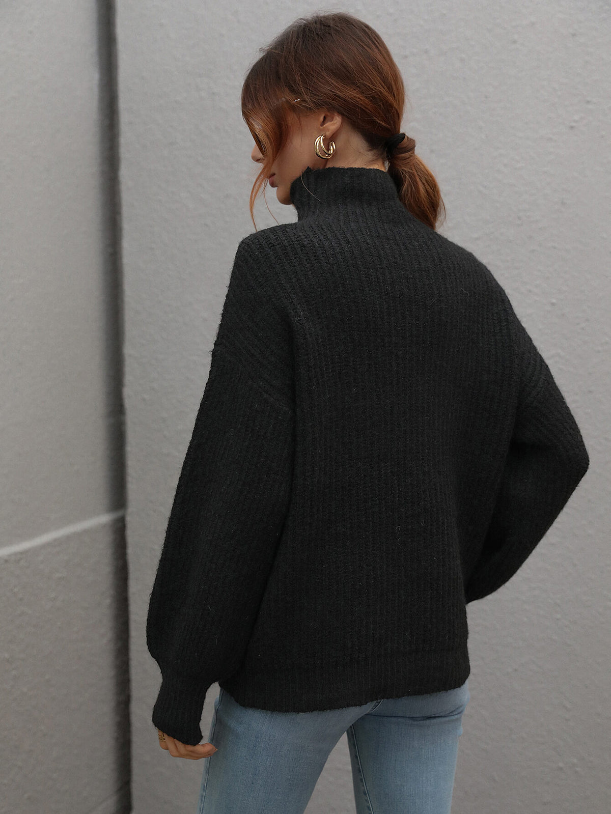 High Neck Balloon Sleeve Rib-knit Pullover Sweater (14)
