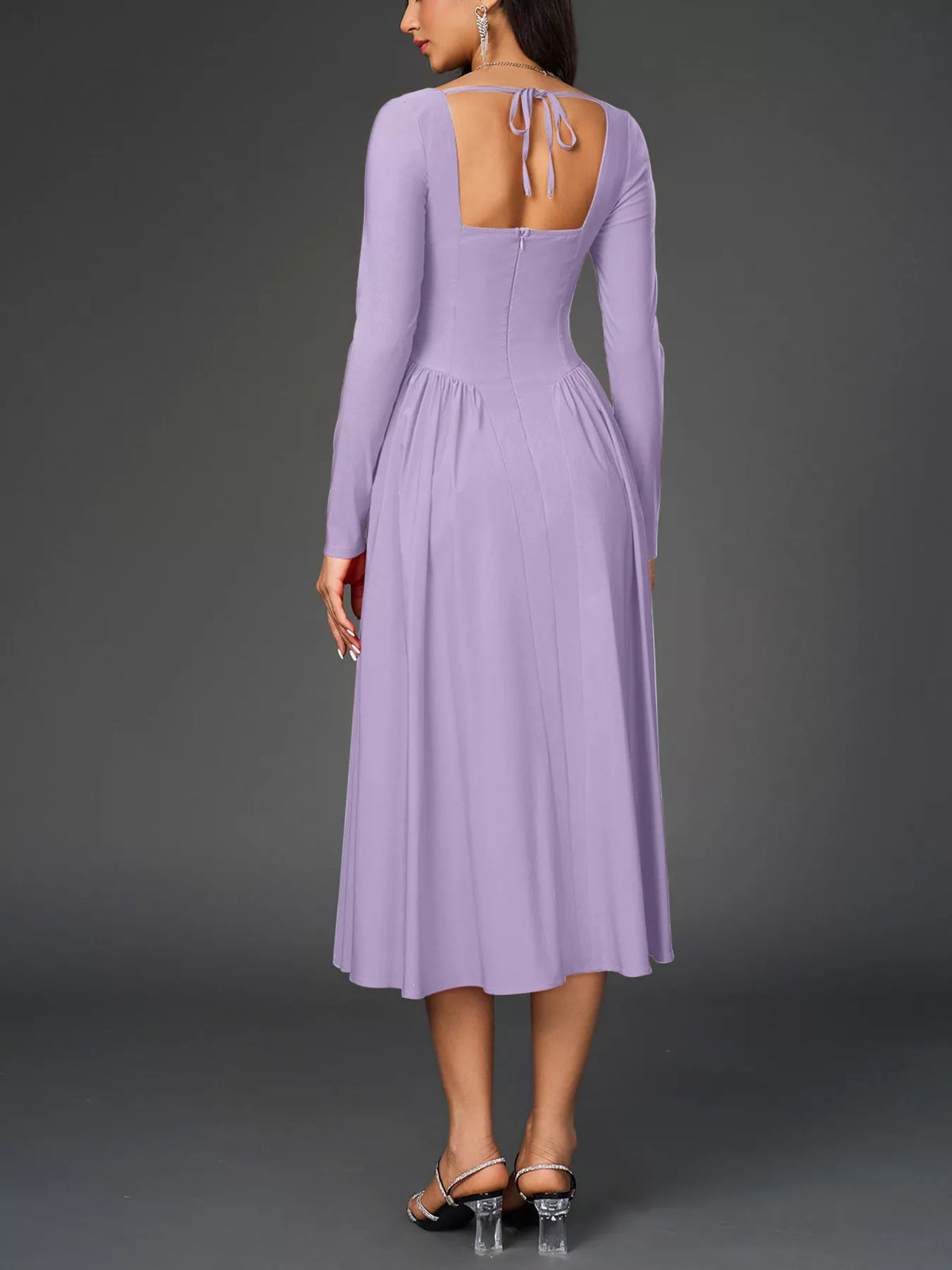 Sweetheart Neckline Long Sleeve A-line Midi Dress (26)