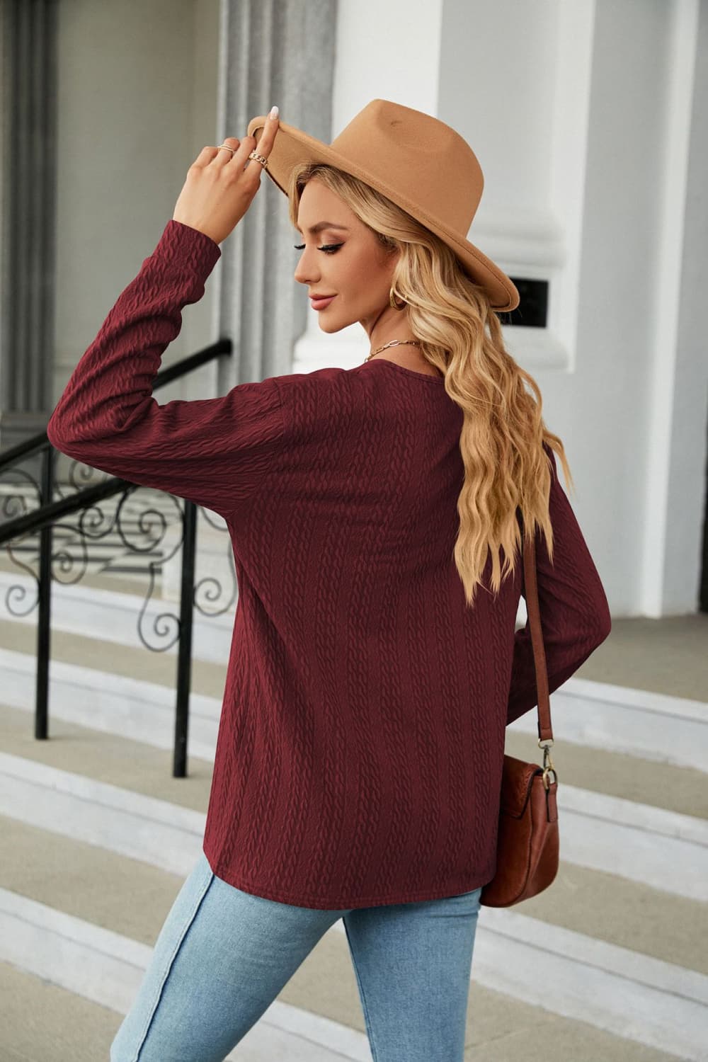 Decorative Button V-neck Long Sleeve T-shirt (24)