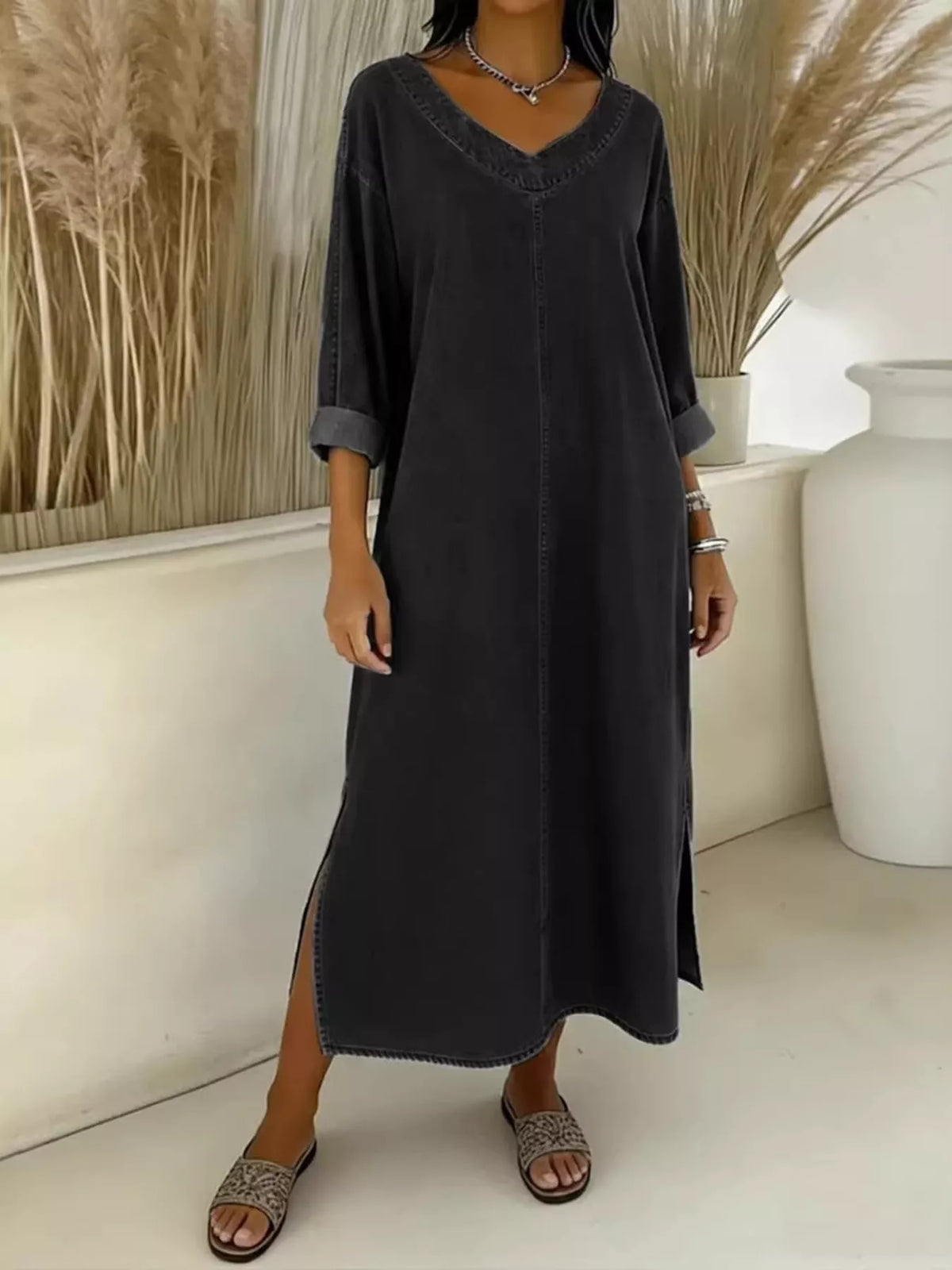 Side Slit V-neck Midi Dress