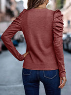 Decorative Button Puff Sleeve T-shirt (2)