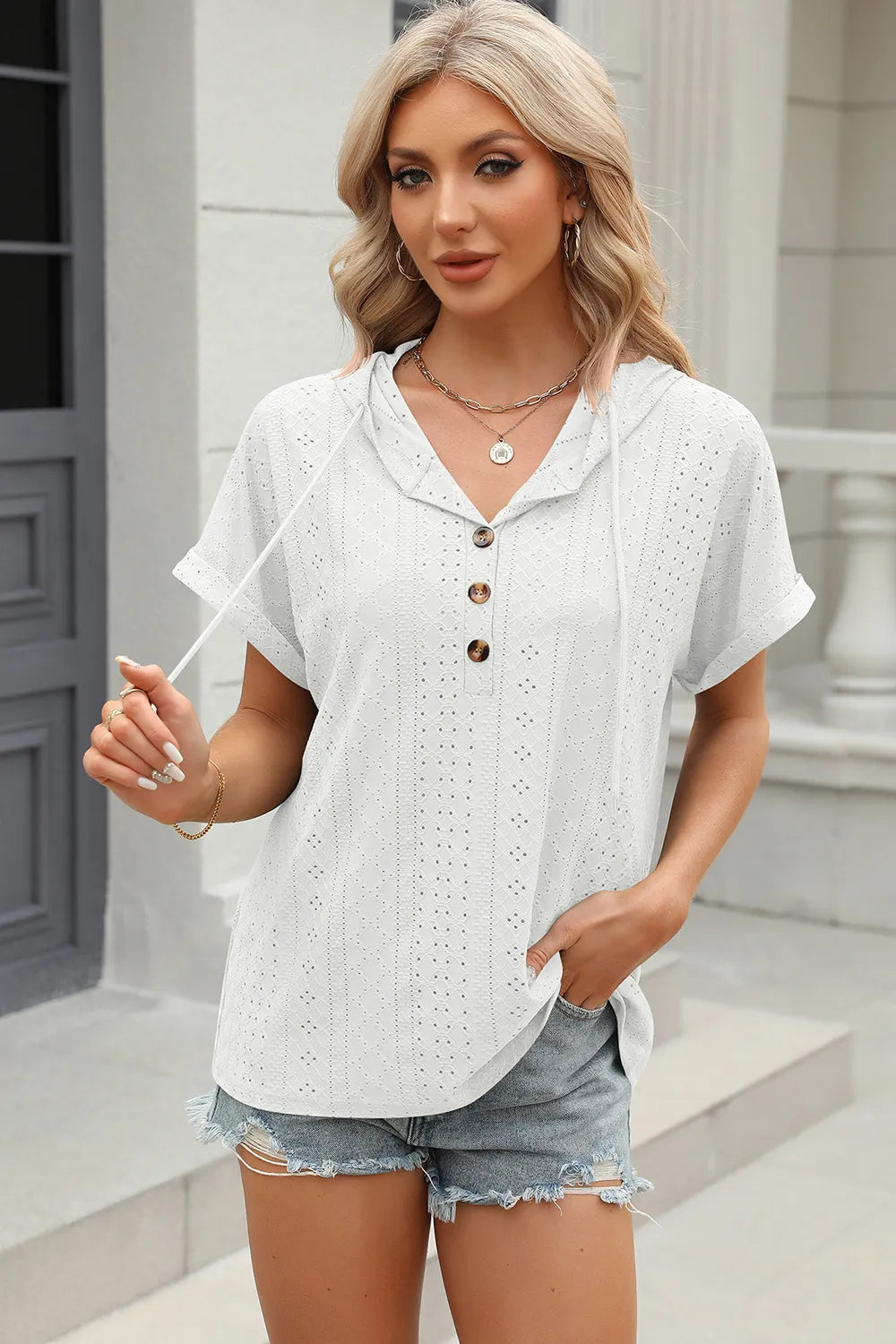 Eyelet Drawstring Hooded Short Sleeve Blouse (15)