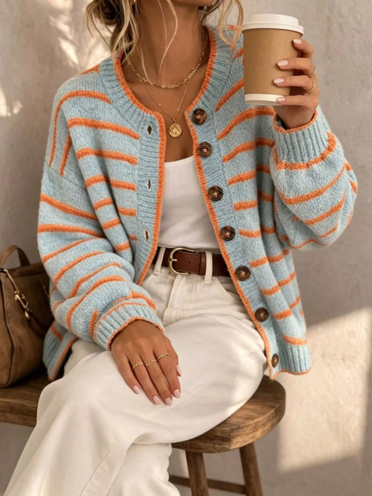 Striped Button-down Knit Cardigan