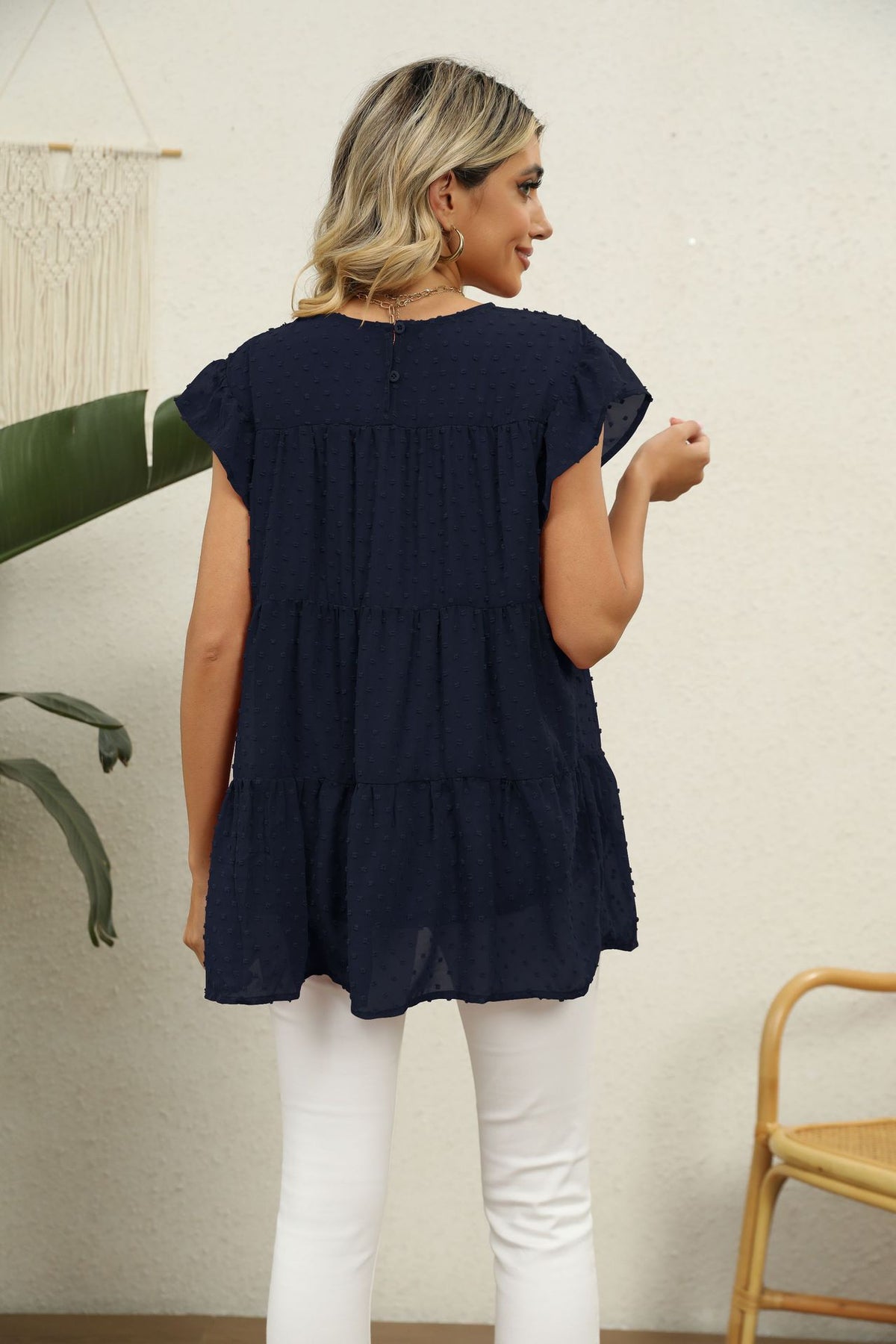 Swiss Dot Round Neck Tiered Blouse (12)