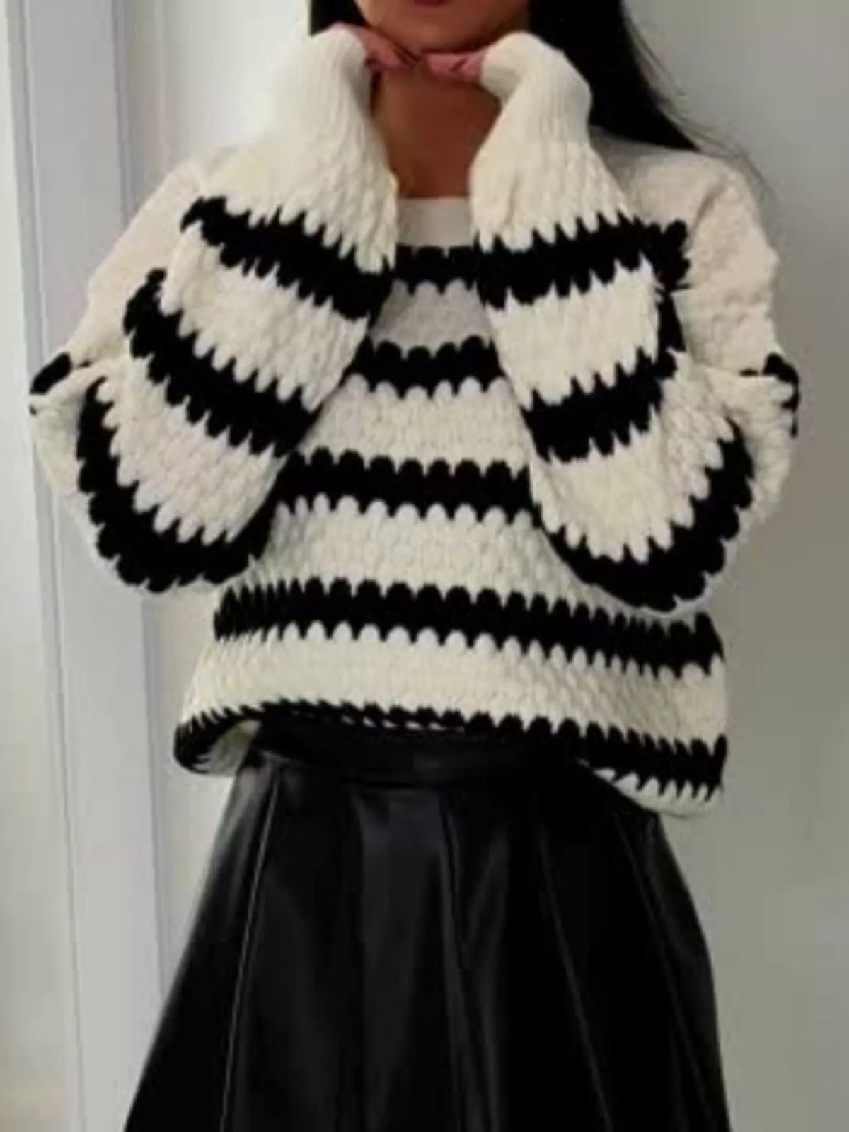Striped Round Neck Dropped Shoulder Sweater (3)