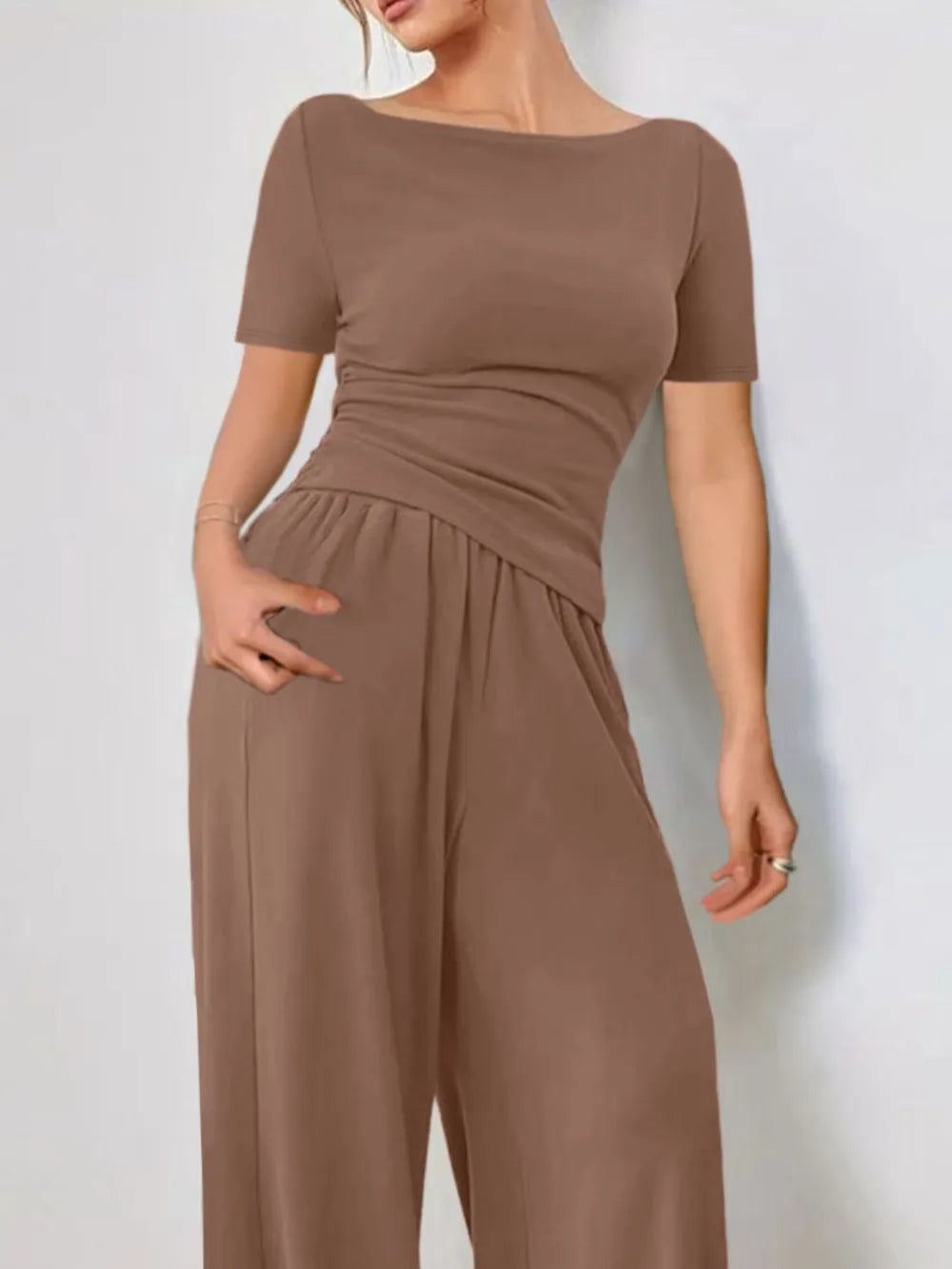 Round Neck Short Sleeve T-shirt Pants Set (7)