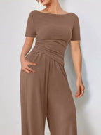 Round Neck Short Sleeve T-shirt Pants Set (7)