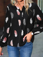 Feather Print Notched Balloon Sleeve Top (7)