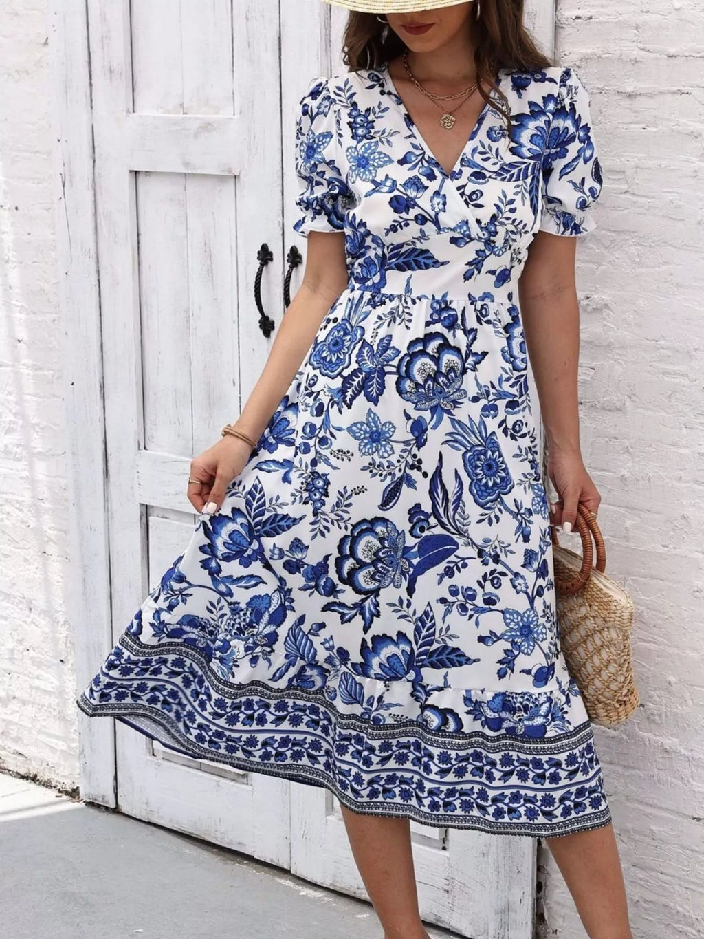 Floral Print Puff Sleeve Wrap Midi Dress (4)