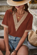 Full Size Lace Detail V-neck Short Sleeve Blouse Plus