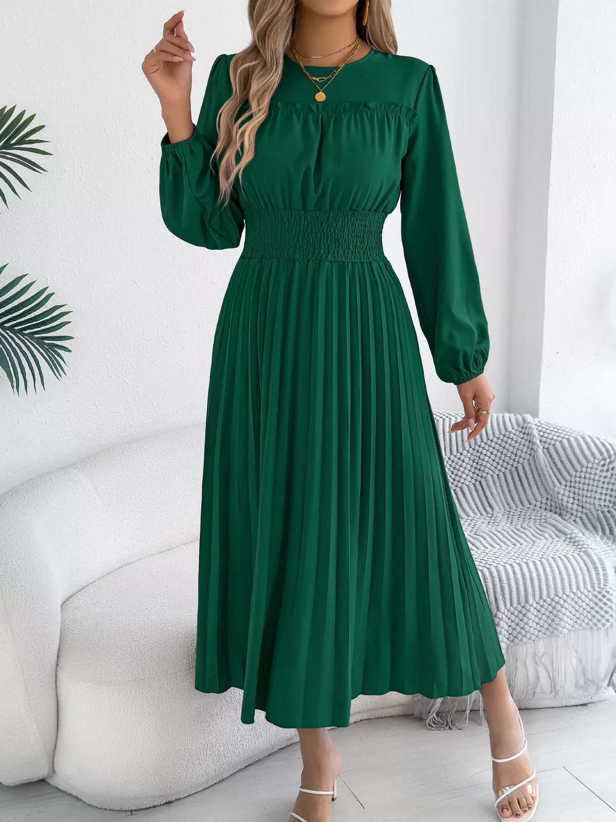 Smocked Pleated Long Sleeve Midi Dress (11)