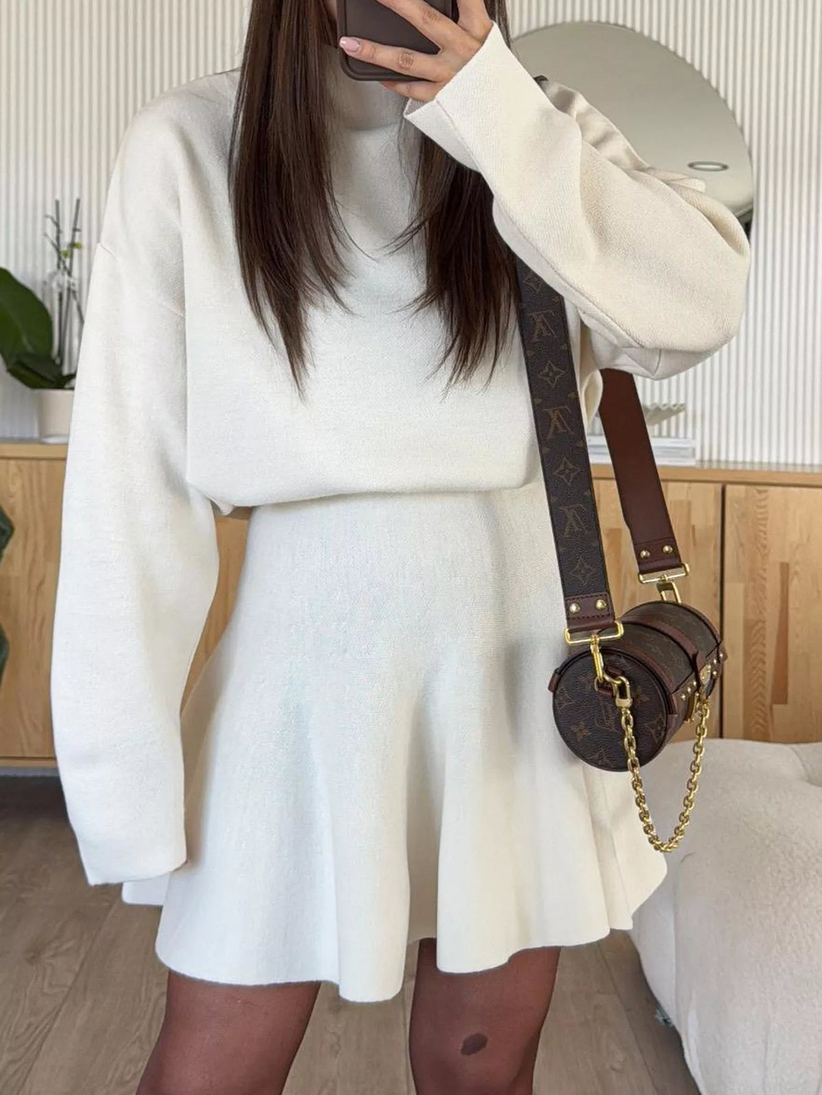 Turtleneck Dropped Shoulder Sweater Skirt Set (2)
