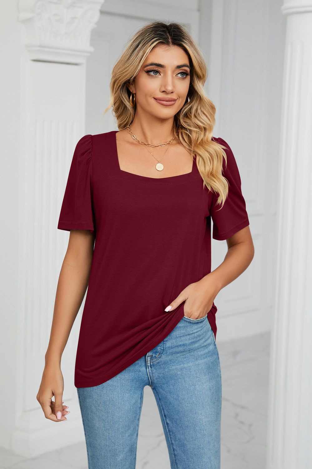 Square Neck Puff Sleeve T-shirt (7)