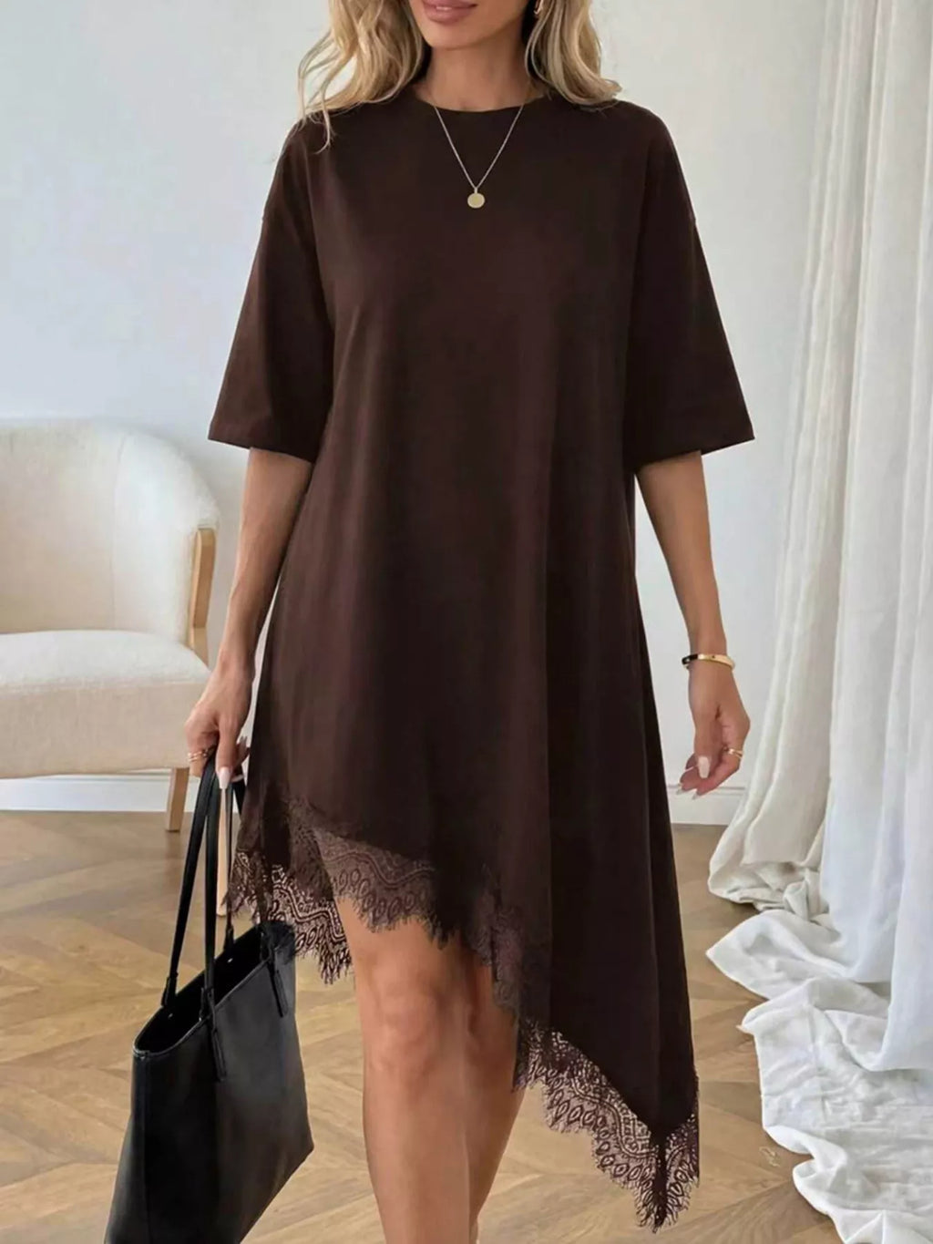 Lace Trim Asymmetrical Hem T-shirt Dress (17)