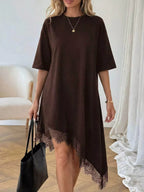 Lace Trim Asymmetrical Hem T-shirt Dress (17)